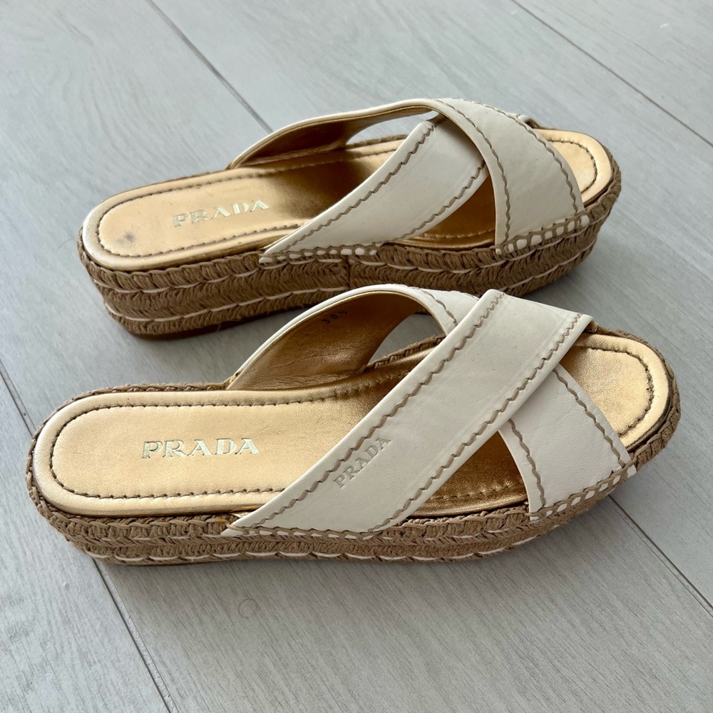 Prada Cream Espadrille Slides